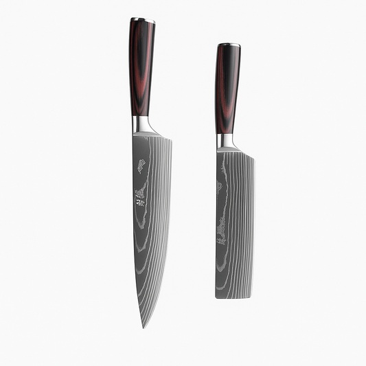 Set de deux Couteaux Japonais Gyuto, Nakiri en Acier Damas - Chef Takumi - Natural Teak