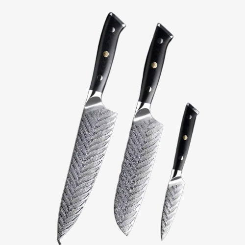 Set de Trois Couteaux Japonais Gyuto, Santoku, Petty en Acier Damas - Collection Yukimuri