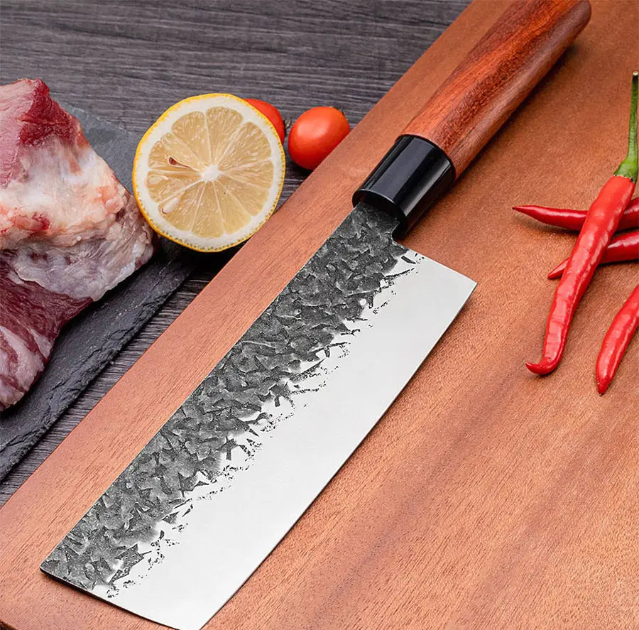 Set de trois couteaux japonais Santoku, Nakiri et Gyuto en acier damas