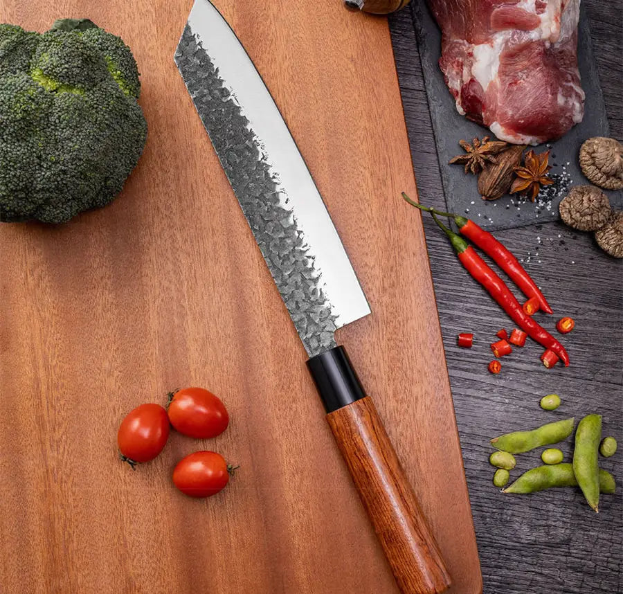 Set de trois couteaux japonais Santoku, Nakiri et Gyuto en acier damas