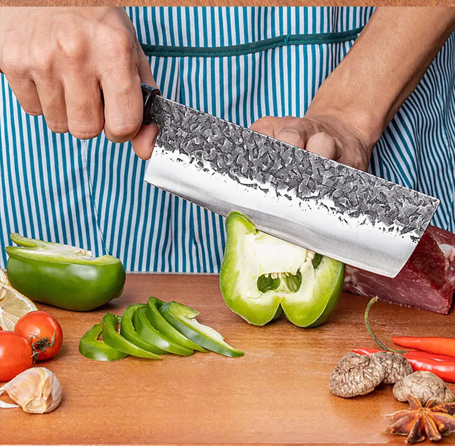 Set de trois couteaux japonais Santoku, Nakiri et Gyuto en acier damas