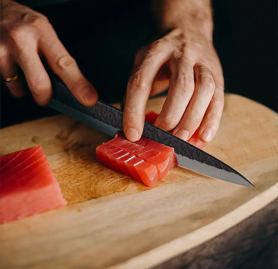Set de trois couteaux japonais Santoku, Nakiri et Gyuto en acier damas