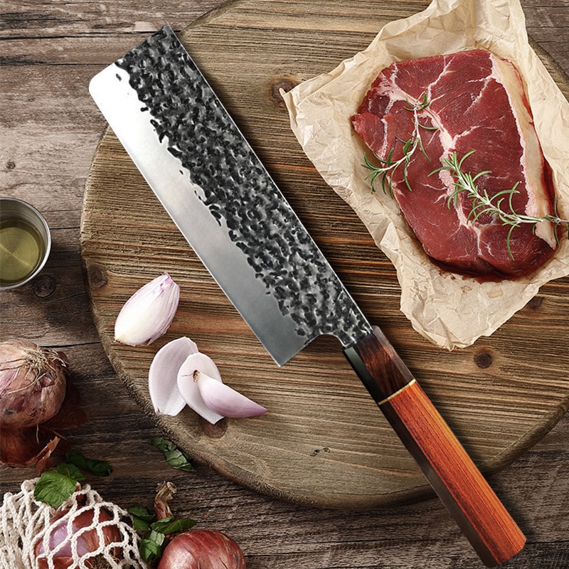 Set de trois couteaux japonais Santoku, Nakiri et Gyuto en acier damas