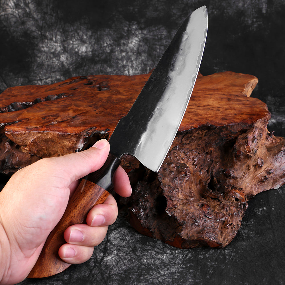Couteau japonais Gyuto forgé à la main en acier Damas - Manche en bois de buis et ébène