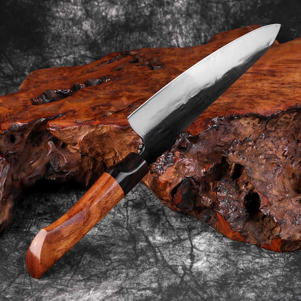 Couteau japonais Gyuto forgé à la main en acier Damas - Manche en bois de buis et ébène
