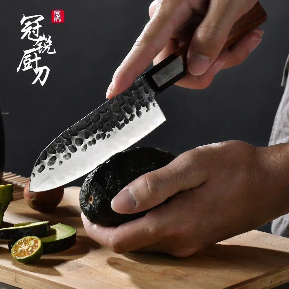 Couteau japonais Santoku en acier Damas forgé à la main - Manche en bois Mkuruti et ébène