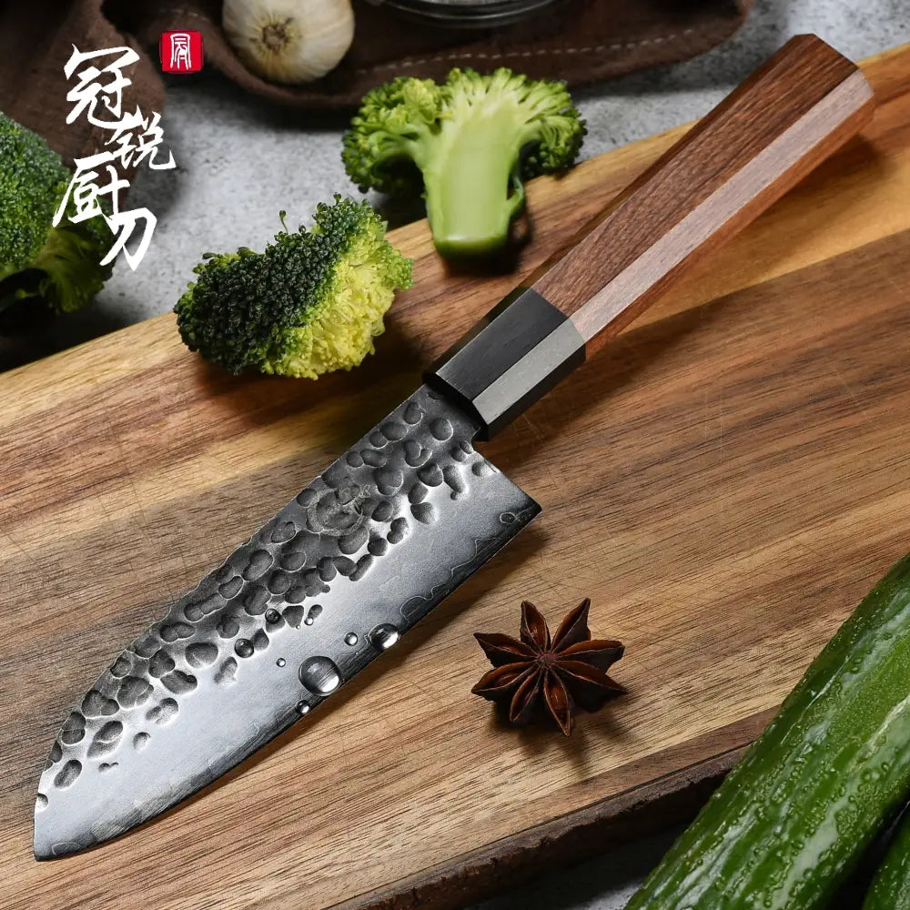 Couteau japonais Santoku en acier Damas forgé à la main - Manche en bois Mkuruti et ébène