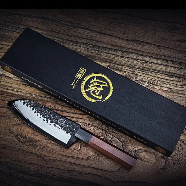 Couteau japonais Santoku en acier Damas forgé à la main - Manche en bois Mkuruti et ébène