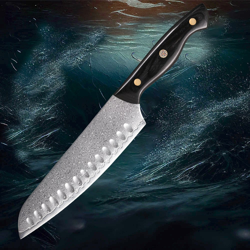 Couteau japonais Santoku en acier Damas - Manche en bois d'ébène