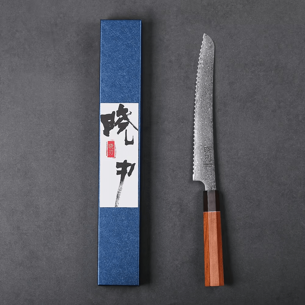 Couteau Japonais A Pain en Acier Damas - Manche en bois de rose et ébène