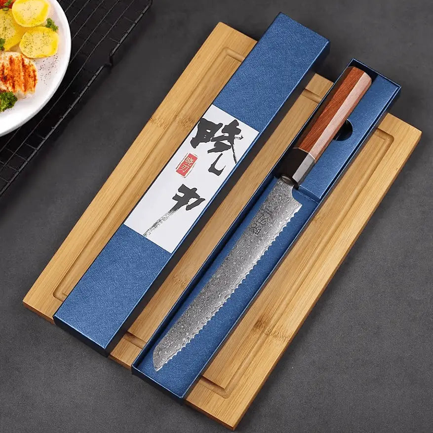 Couteau Japonais A Pain en Acier Damas - Manche en bois de rose et ébène