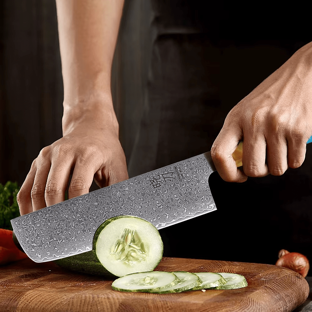 Couteau japonais Nakiri forgé à la main en acier Damas - Manche en bois stabilisé