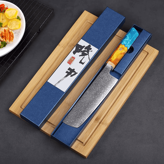 Couteau japonais Nakiri forgé à la main en acier Damas - Manche en bois stabilisé