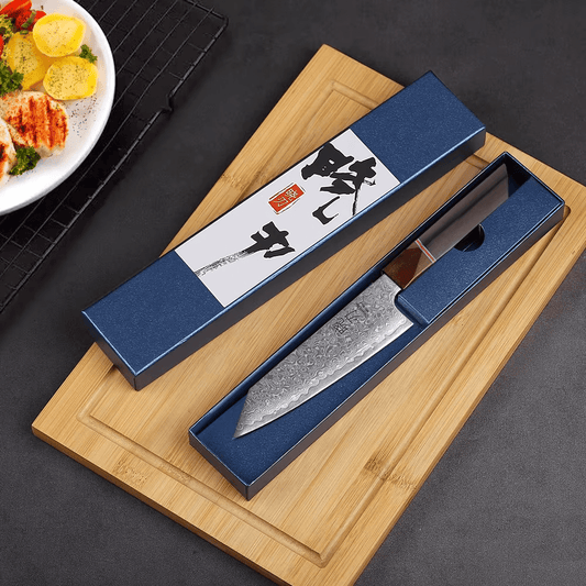 Couteau Japonais Petty en Acier Damas - Manche en bois d'ébène et santal rouge