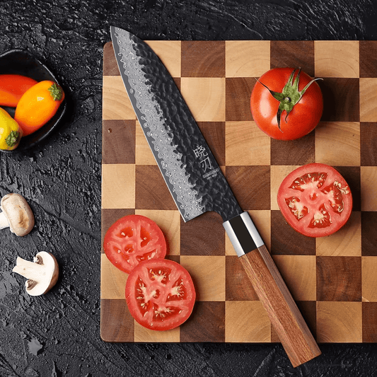 Couteau japonais Santoku en acier Damas - Manche en bois de rose et acier inoxydable