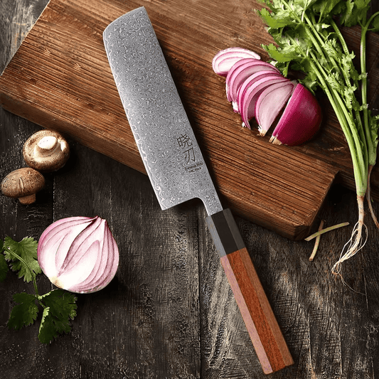 Couteau japonais Nakiri forgé à la main en acier Damas - Manche en bois de rose et ébène