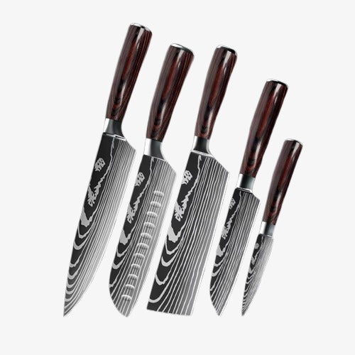 Set de Cinq Couteaux Japonais Gyuto, Nakiri, Petty, Santoku, Petit Santoku, en Acier Damas - Chef Takumi - Natural Teak