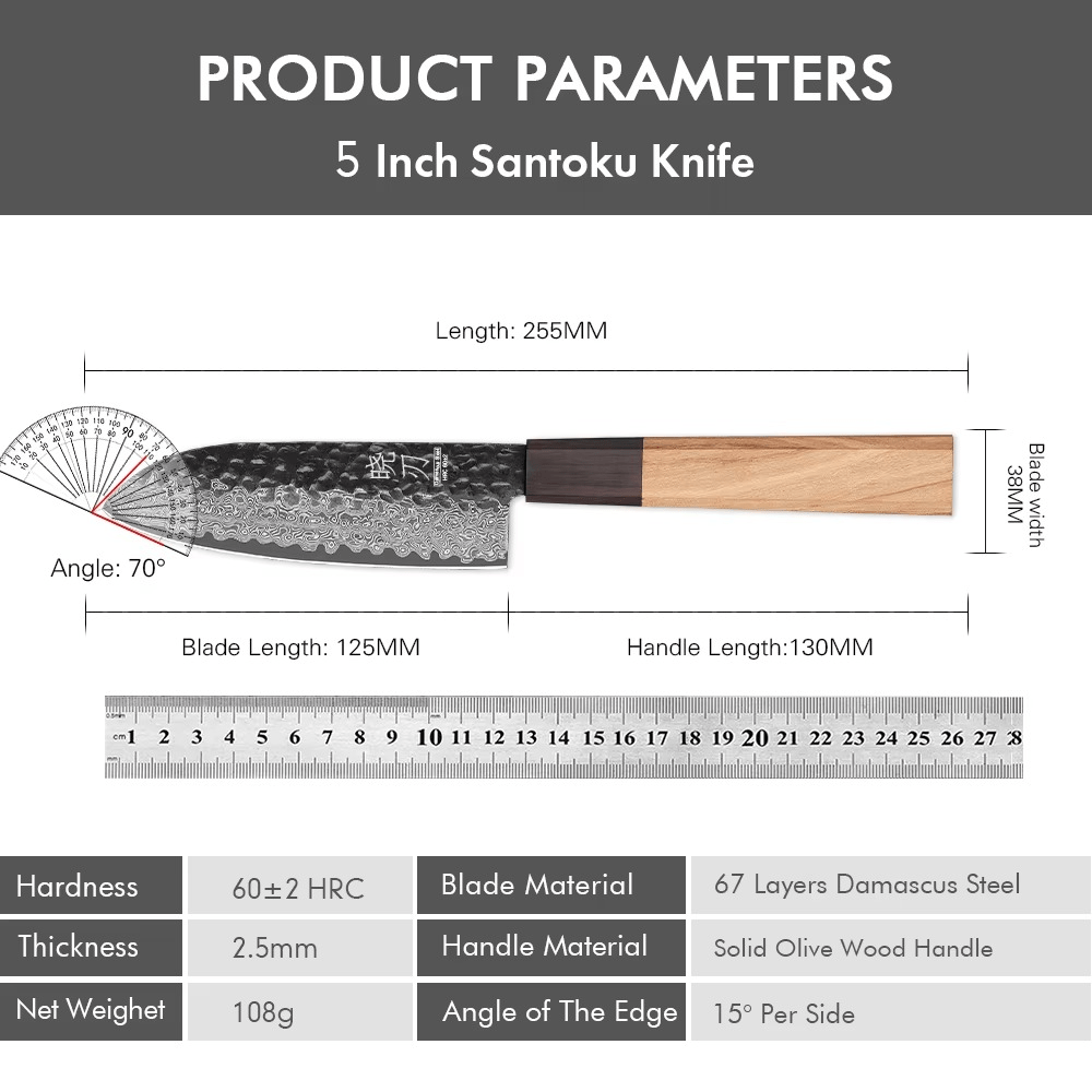 Couteau japonais Santoku en acier Damas - Manche en bois d'olivier