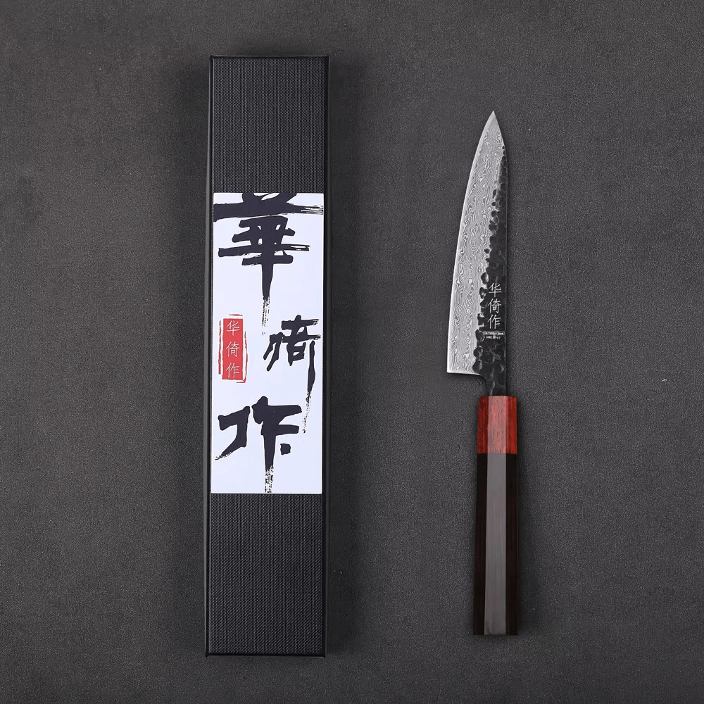 Couteau Japonais Petty en Acier Damas - Manche en bois d'ébène et santal rouge