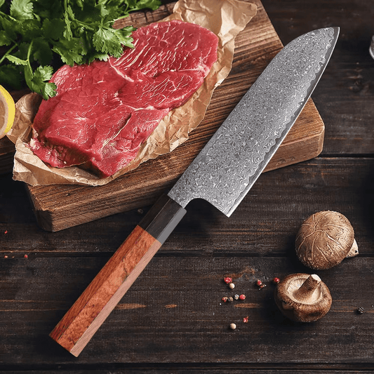 Couteau japonais Santoku en acier Damas - Manche en bois de rose et ébène