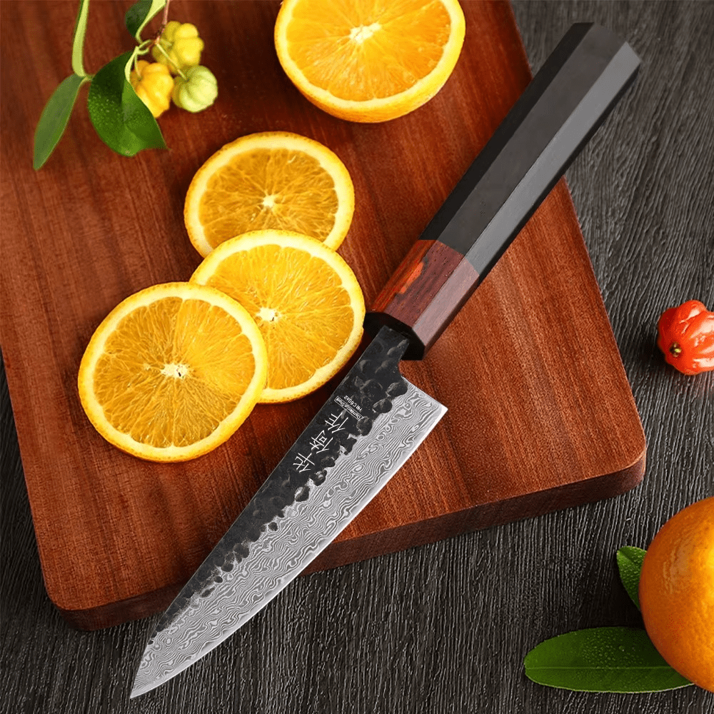 Couteau Japonais Petty en Acier Damas - Manche en bois d'ébène et santal rouge