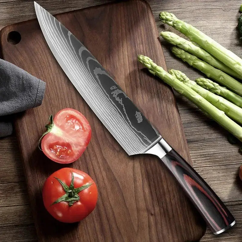 Set de Quatre Couteaux Japonais Gyuto, Nakiri, Santoku, Utilitaire, en Acier Damas - Chef Takumi - Natural Teak