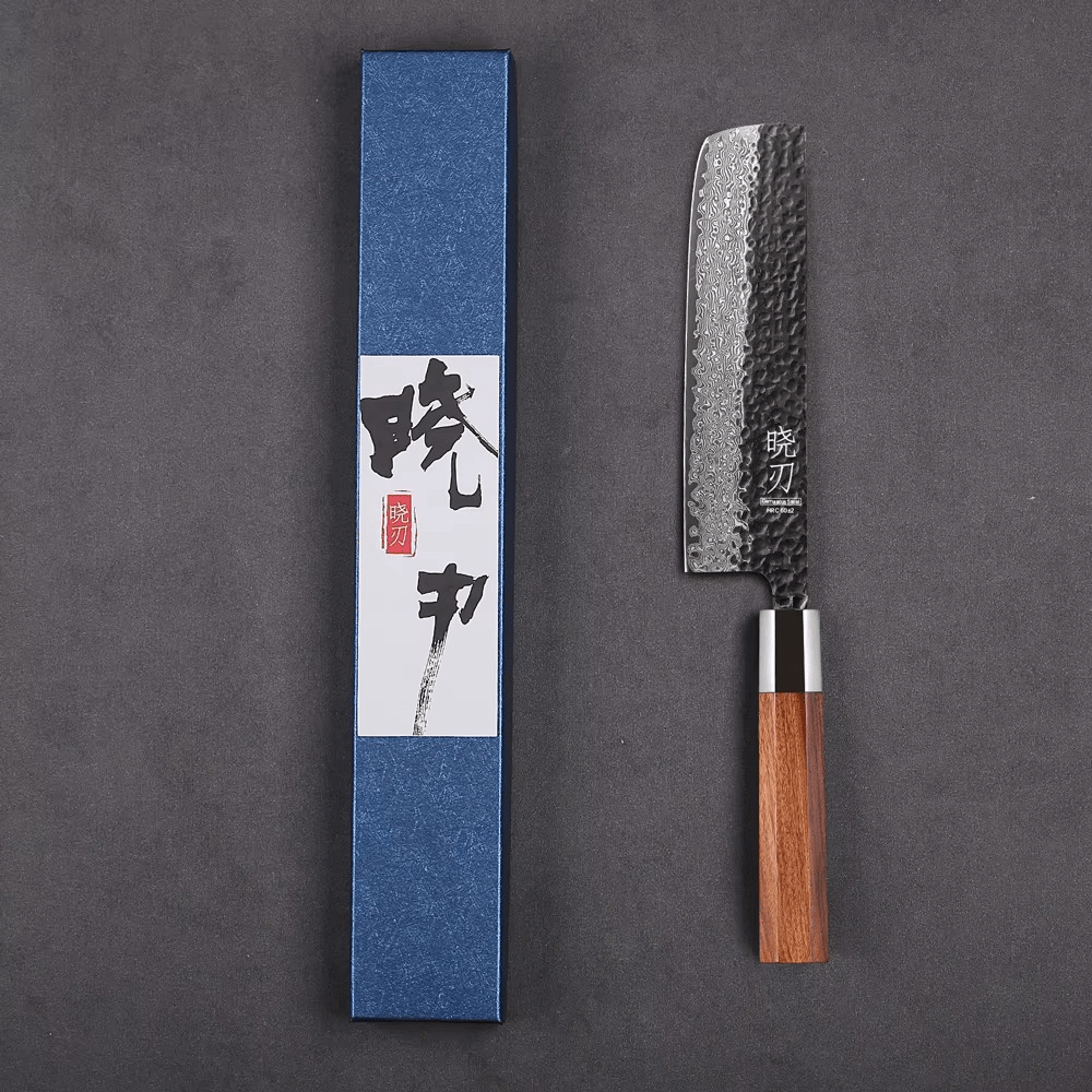 Couteau japonais Nakiri forgé à la main en acier Damas - Manche en bois de rose et acier inoxydable