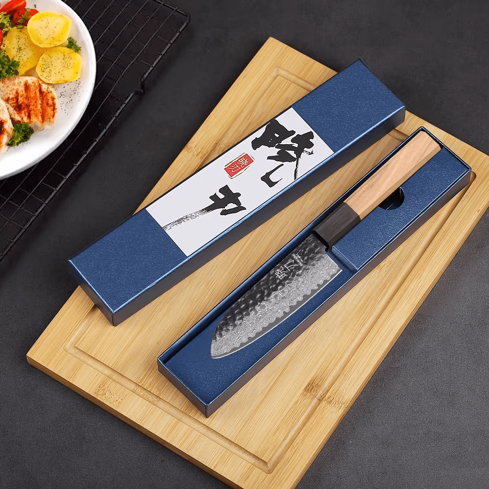 Couteau japonais Santoku en acier Damas - Manche en bois d'olivier