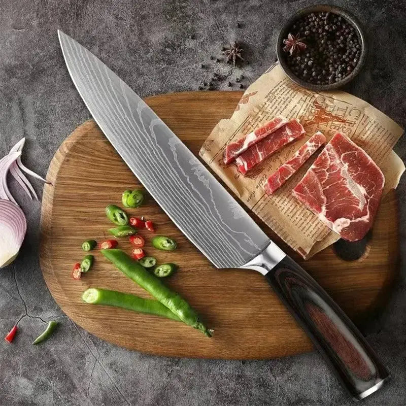 Set de Quatre Couteaux Japonais Gyuto, Nakiri, Santoku, Utilitaire, en Acier Damas - Chef Takumi - Natural Teak