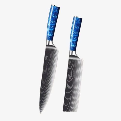 Set de deux Couteaux  Japonais Gyuto, Nakiri en Acier Damas - Chef Takumi - Ice Blue