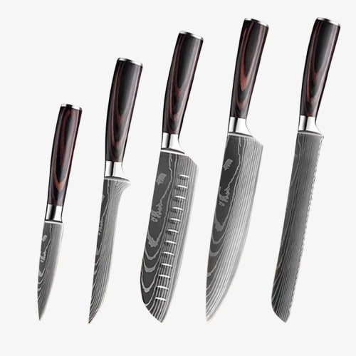 Set de Cinq Couteaux Japonais Gyuto, Santoku, Petty, à désosser et à pain, en Acier Damas - Chef Takumi - Natural Teak