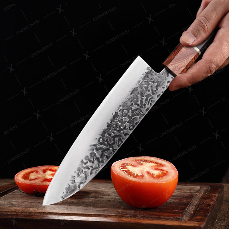 Couteau japonais Santoku en acier Damas - Manche en bois d'olivier