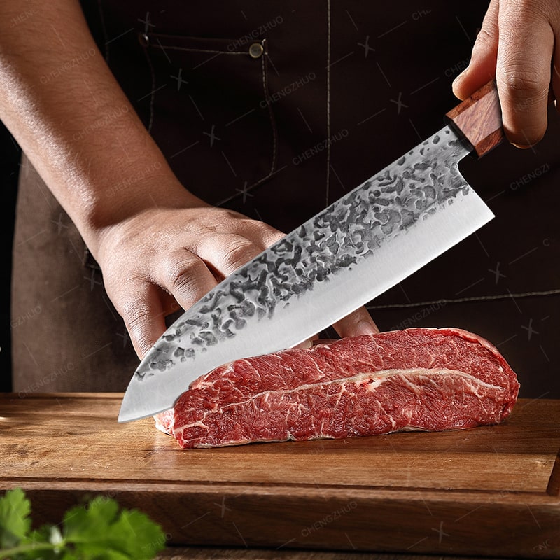Couteau japonais Santoku en acier Damas - Manche en bois d'olivier