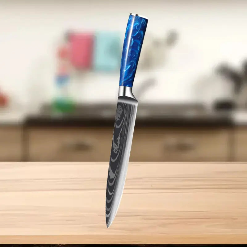 Set de trois couteaux japonais en acier damas Deba, Gyuto et Petty - Manche en bois stabilisé