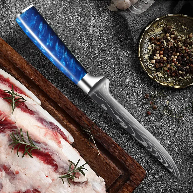 Set de dix couteaux japonais en acier damas - Manche en bois stabilisé