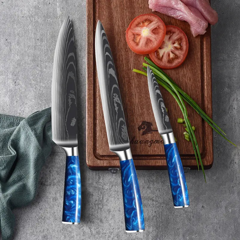 Set de trois couteaux japonais en acier damas Deba, Gyuto et Petty - Manche en bois stabilisé