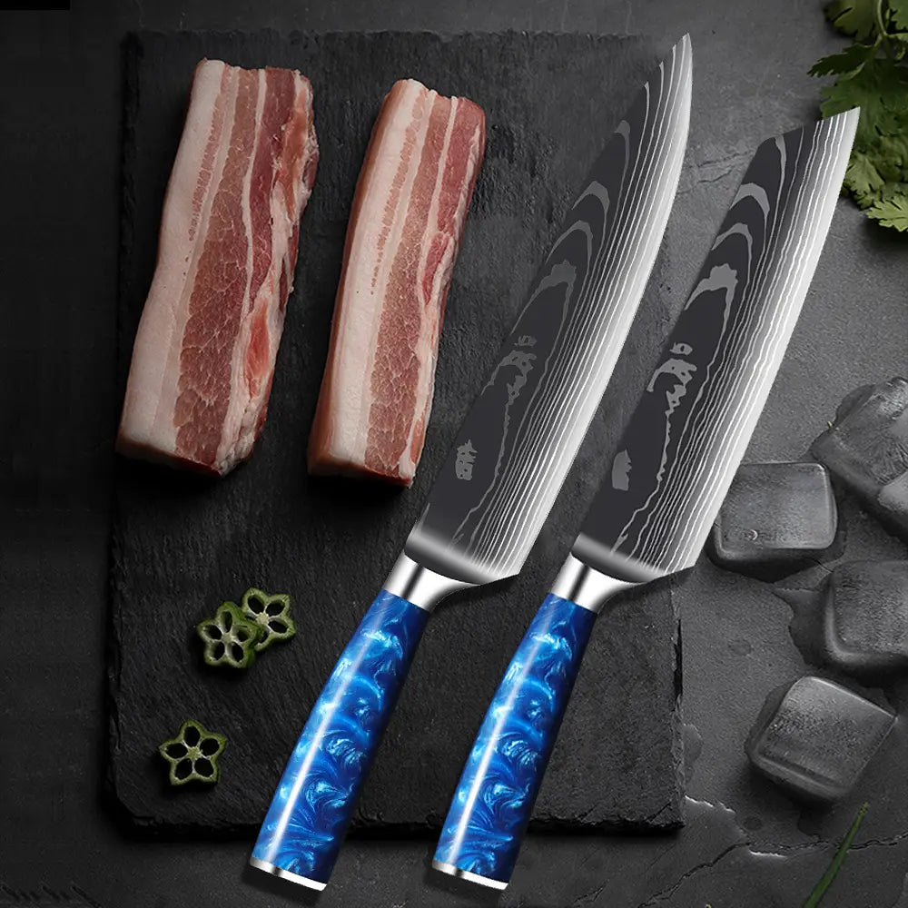 Set de deux couteaux japonais en acier damas kiritsuke et Gyuto - Manche en bois stabilisé