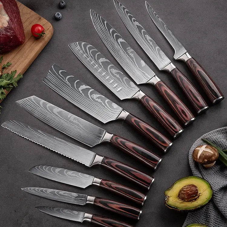 Set de dix couteaux japonais en acier damas - Manche en bois stabilisé