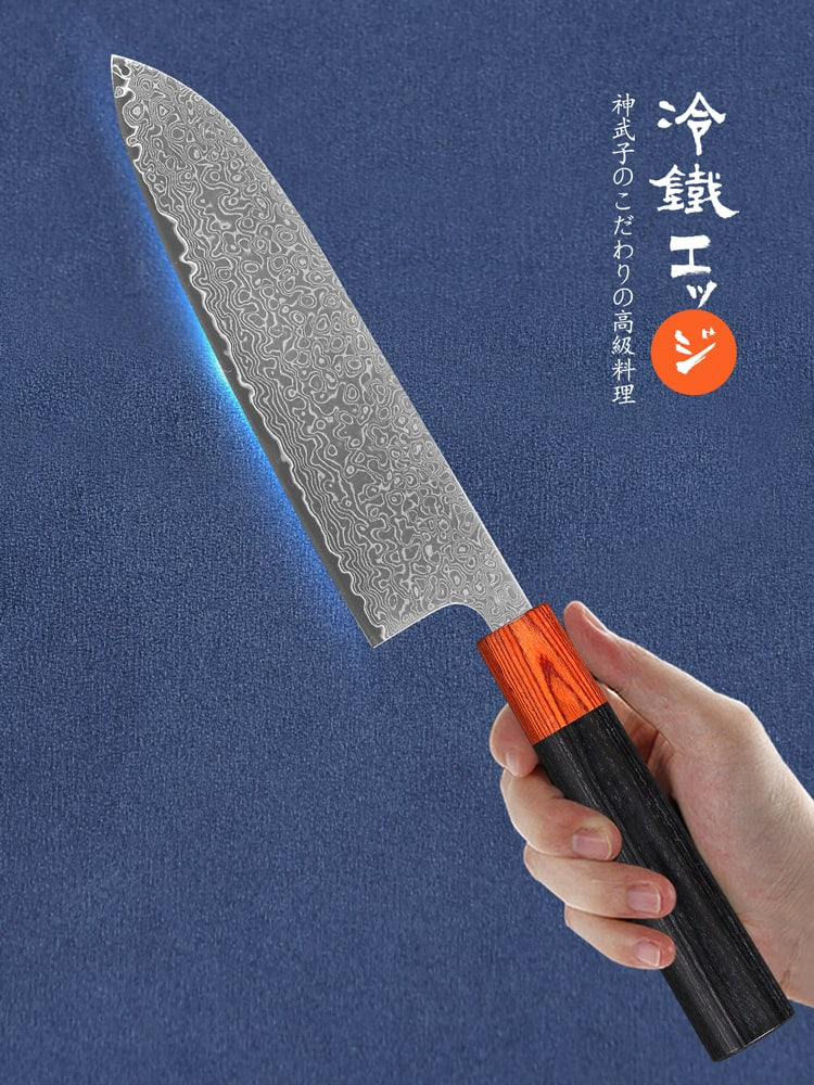 Set de six couteaux japonais en acier damas - Manche en bois d'ébène et magnolia