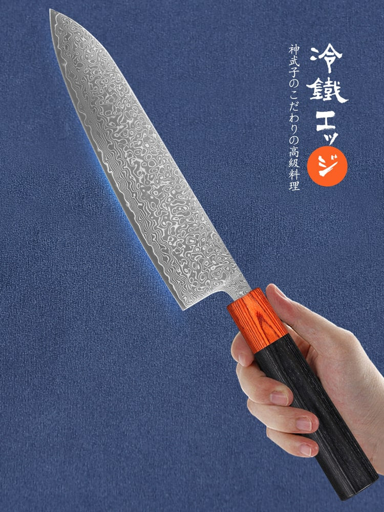 Set de six couteaux japonais en acier damas - Manche en bois d'ébène et magnolia