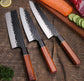 Set de trois couteaux japonais Santoku, Nakiri et Gyuto en acier damas