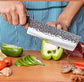 Set de trois couteaux japonais Santoku, Nakiri et Gyuto en acier damas