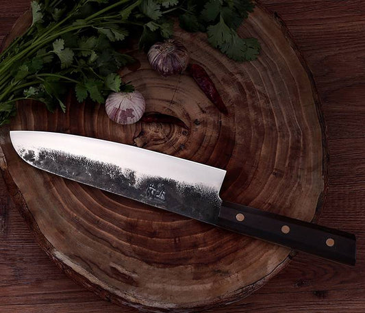 Couteau japonais Santoku en acier Damas- Manche en bois d'ébène