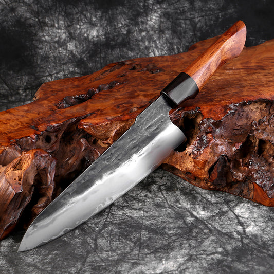Couteau japonais  Gyuto forgé à la main en acier Damas - Manche en bois de buis et ébène
