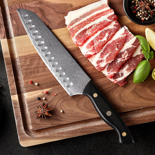 Couteau japonais Santoku en acier Damas - Manche en bois d'ébène