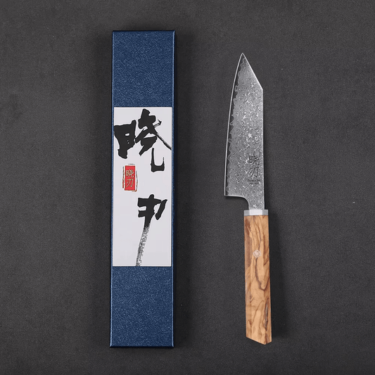 Couteau japonais Santoku en acier Damas - Manche en bois d'olivier
