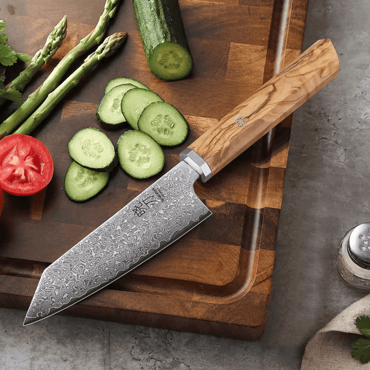 Couteau japonais Santoku en acier Damas - Manche en bois d'olivier