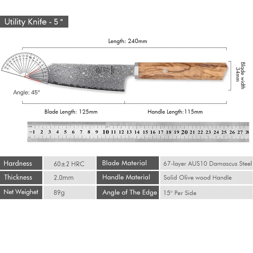 Couteau japonais Santoku en acier Damas - Manche en bois d'olivier