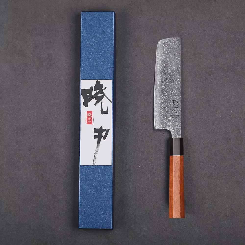Couteau japonais Nakiri forgé à la main en acier Damas - Manche en bois de rose et ébène