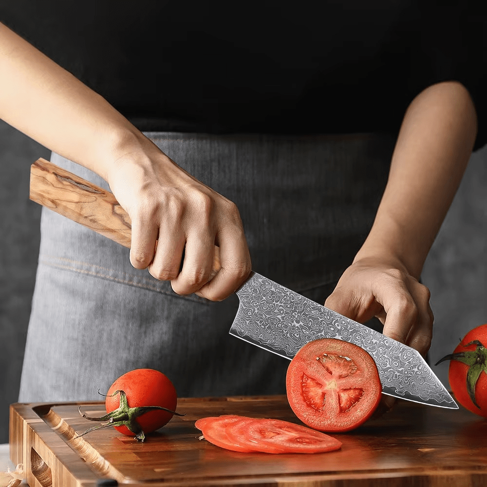 Couteau japonais Santoku en acier Damas - Manche en bois d'olivier